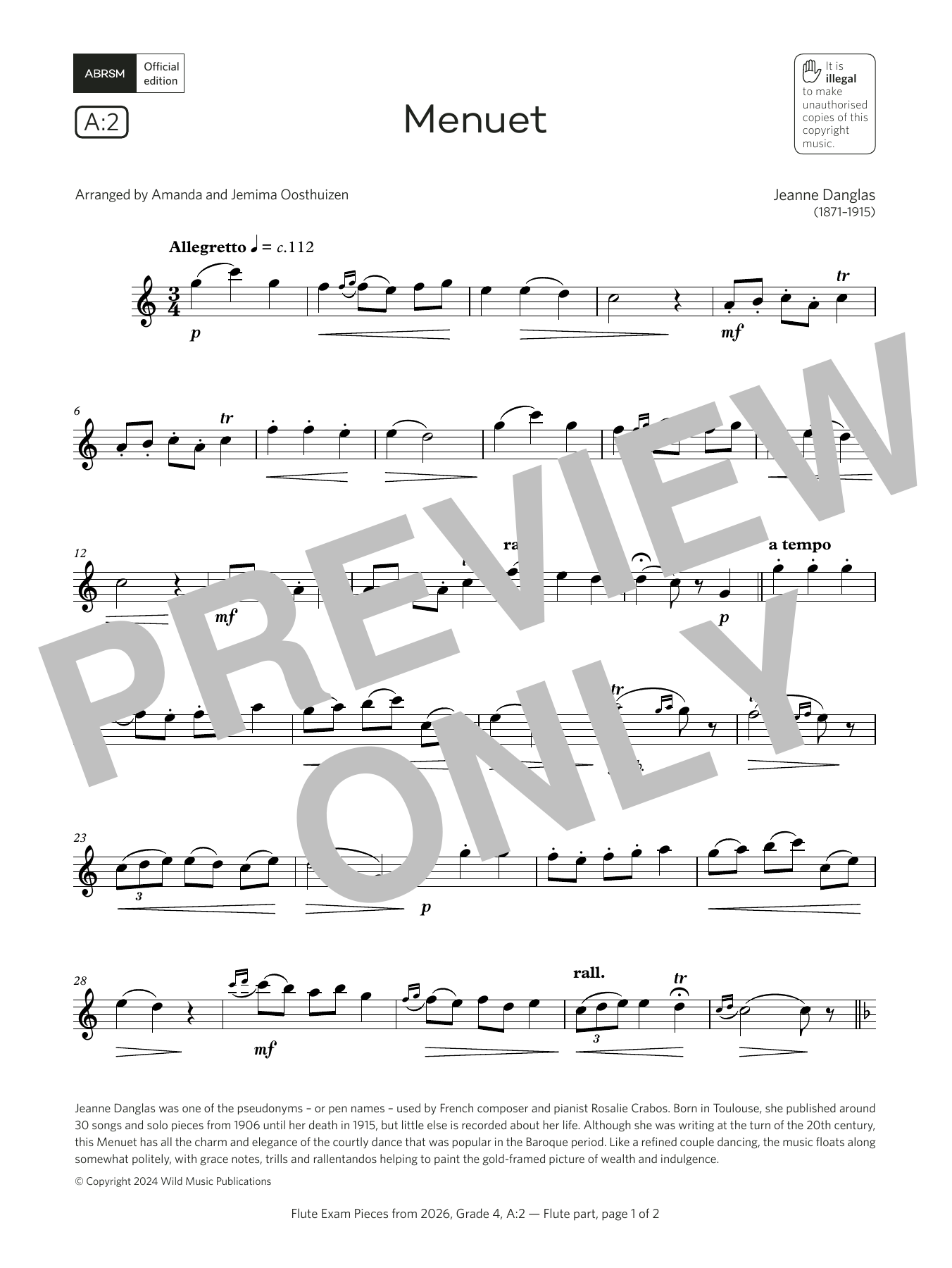 Jeanne Danglas Menuet (Grade 4, list A2, from the ABRSM Flute Syllabus from 2026) Sheet Music Notes & Chords for Flute Solo - Download or Print PDF Jeanne Danglas Menuet (Grade 4, list A2, from the ABRSM Flute Syllabus from 2026) Sheet Music Notes & Chords for Flute Solo - Download or Print PDF