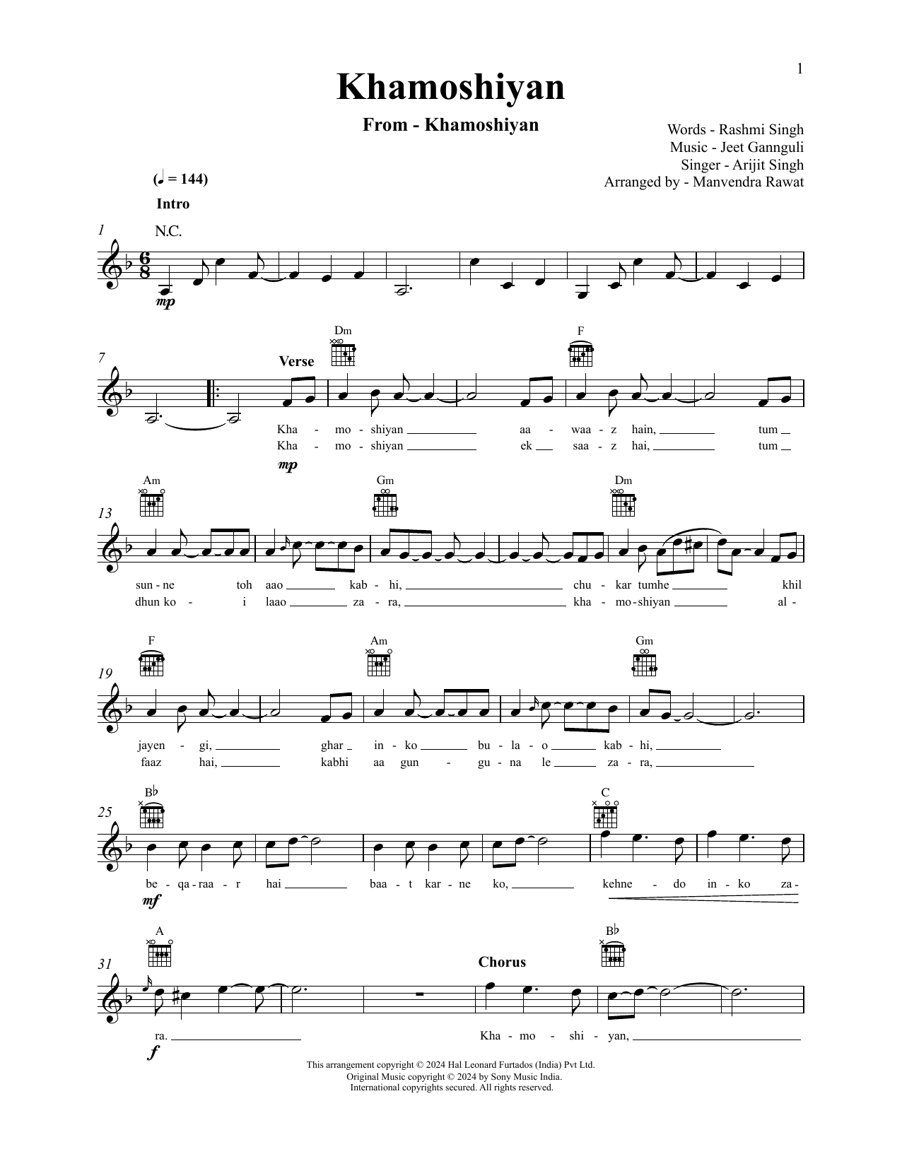 Jeet Gannguli and Arijit Singh Khamoshiyan Sheet Music Notes & Chords for Lead Sheet / Fake Book - Download or Print PDF