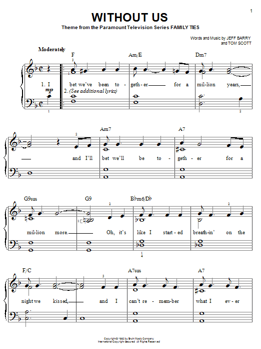 Jeff Barry Without Us (from Family Ties) Sheet Music Notes & Chords for Piano, Vocal & Guitar Chords (Right-Hand Melody) - Download or Print PDF