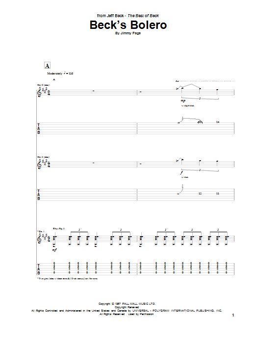 Jeff Beck Beck's Bolero Sheet Music Notes & Chords for Ukulele Ensemble - Download or Print PDF