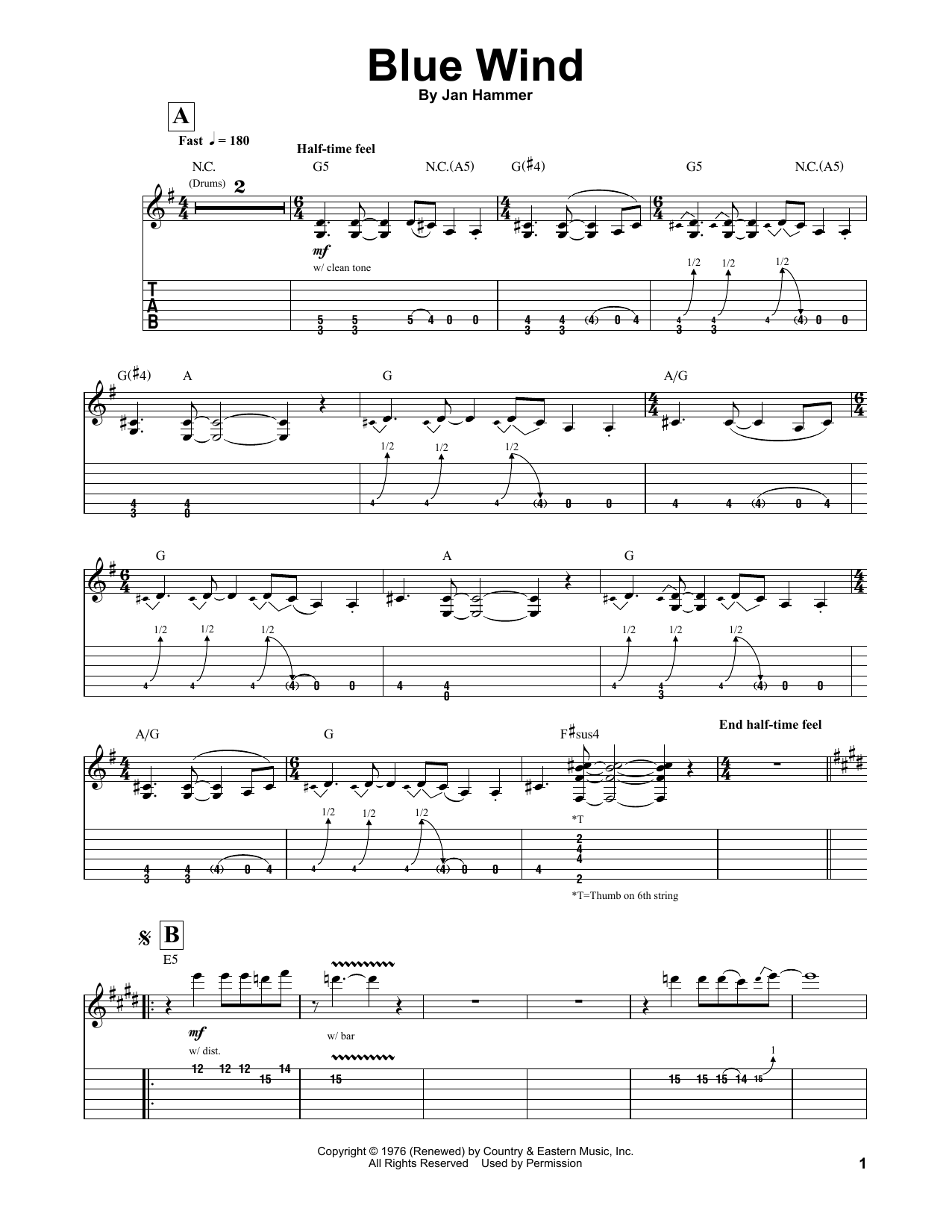 Jeff Beck Blue Wind Sheet Music Notes & Chords for Guitar Tab Play-Along - Download or Print PDF