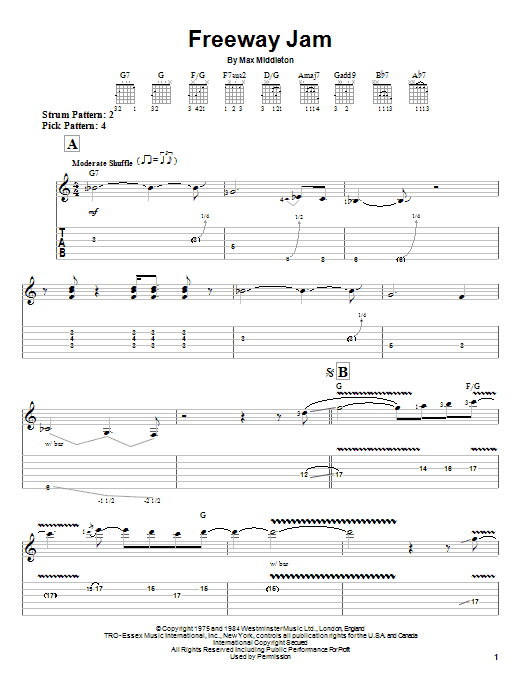 Jeff Beck Freeway Jam Sheet Music Notes & Chords for Easy Guitar Tab - Download or Print PDF