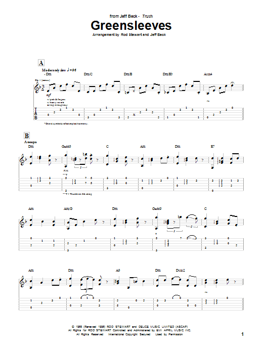 Jeff Beck Greensleeves Sheet Music Notes & Chords for Guitar Tab - Download or Print PDF
