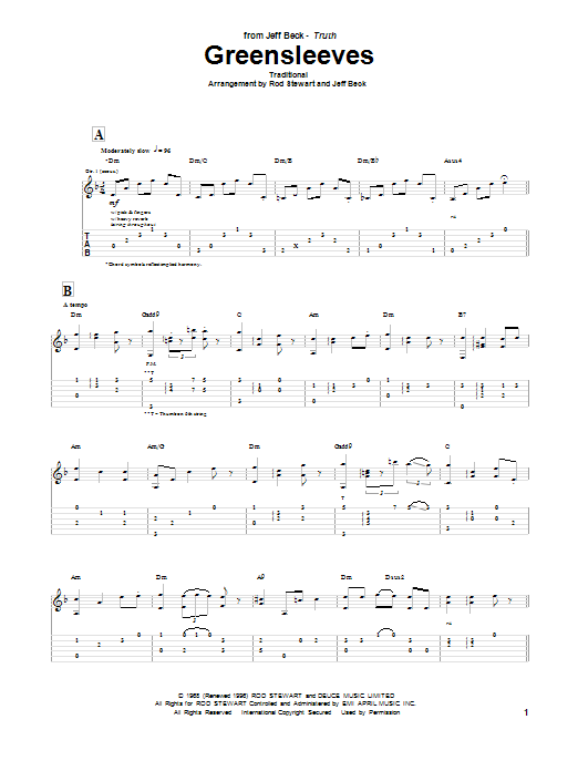 Jeff Beck Group Greensleeves Sheet Music Notes & Chords for Guitar Tab - Download or Print PDF