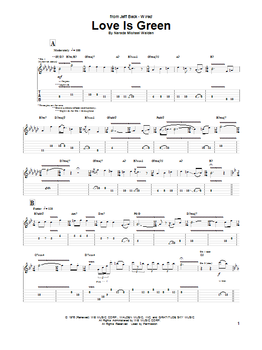 Jeff Beck Love Is Green Sheet Music Notes & Chords for Guitar Tab - Download or Print PDF