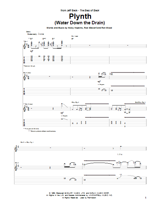 Jeff Beck Plynth (Water Down The Drain) Sheet Music Notes & Chords for Guitar Tab - Download or Print PDF
