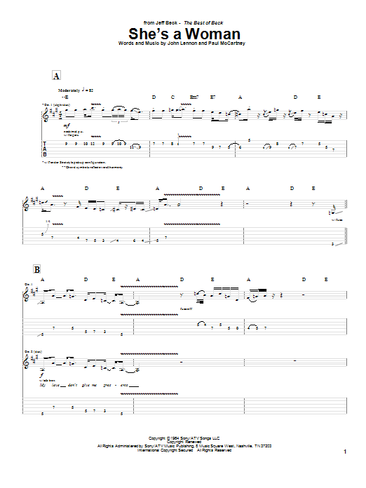 Jeff Beck She's A Woman Sheet Music Notes & Chords for Guitar Tab - Download or Print PDF
