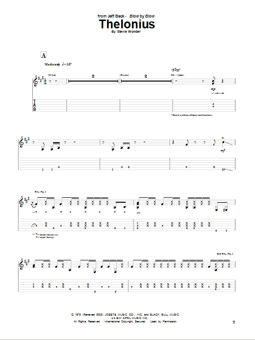 Jeff Beck Thelonius Sheet Music Notes & Chords for Guitar Tab - Download or Print PDF
