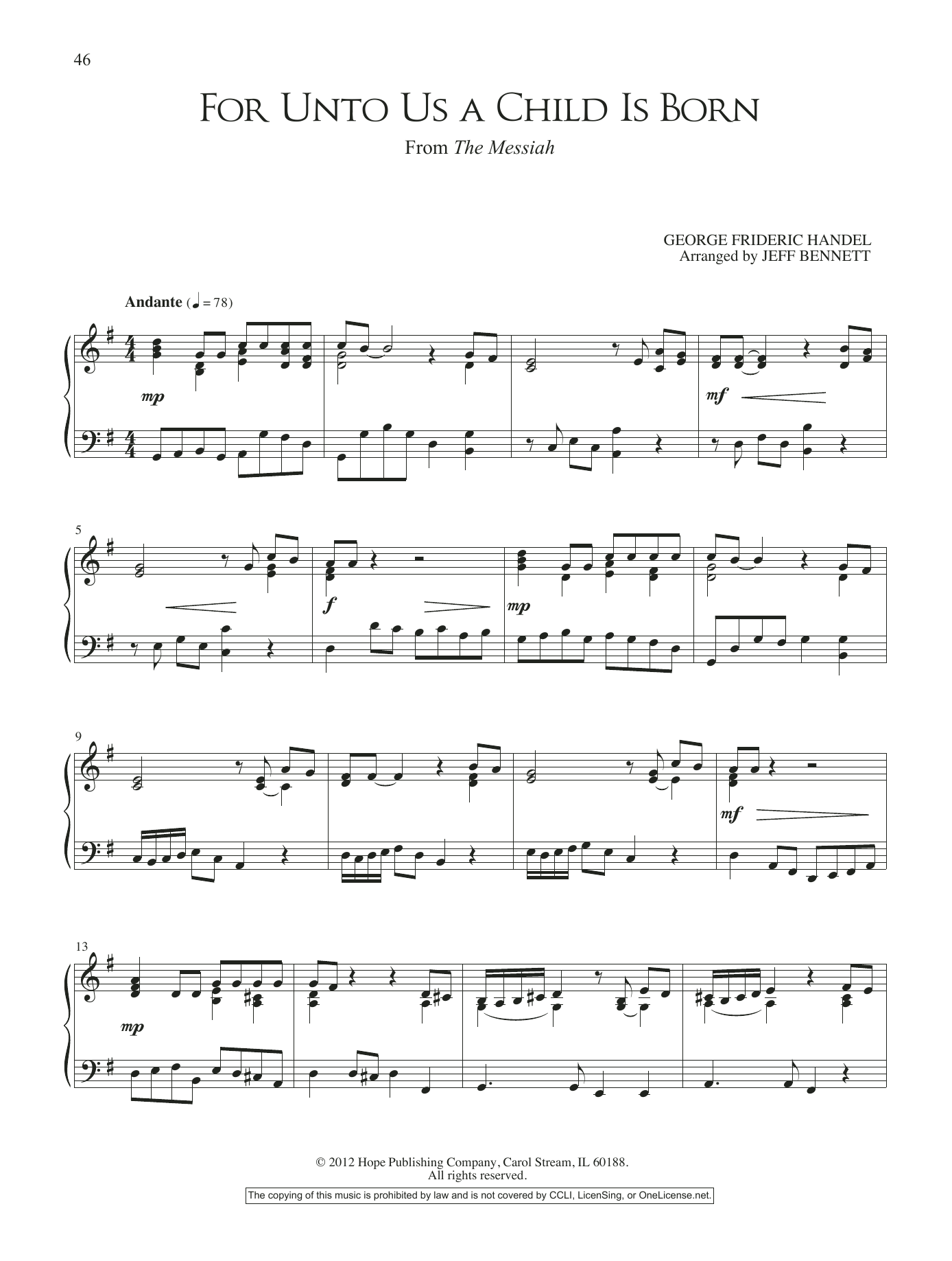 Jeff Bennett For Unto Us A Child is Born (from The Messiah) Sheet Music Notes & Chords for Piano Solo - Download or Print PDF