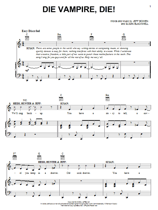 Jeff Bowen Die Vampire, Die! Sheet Music Notes & Chords for Piano, Vocal & Guitar (Right-Hand Melody) - Download or Print PDF
