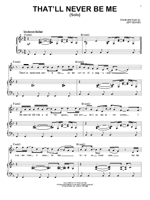 Jeff Bowen That'll Never Be Me (Solo) Sheet Music Notes & Chords for Piano, Vocal & Guitar (Right-Hand Melody) - Download or Print PDF