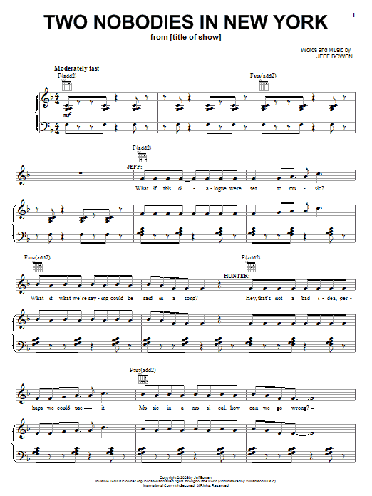 Jeff Bowen Two Nobodies In New York Sheet Music Notes & Chords for Piano, Vocal & Guitar (Right-Hand Melody) - Download or Print PDF