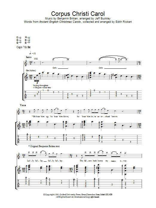 Jeff Buckley Corpus Christi Carol Sheet Music Notes & Chords for Guitar Chords/Lyrics - Download or Print PDF