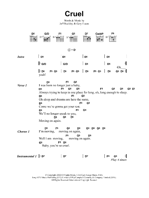 Jeff Buckley Cruel Sheet Music Notes & Chords for Lyrics & Chords - Download or Print PDF