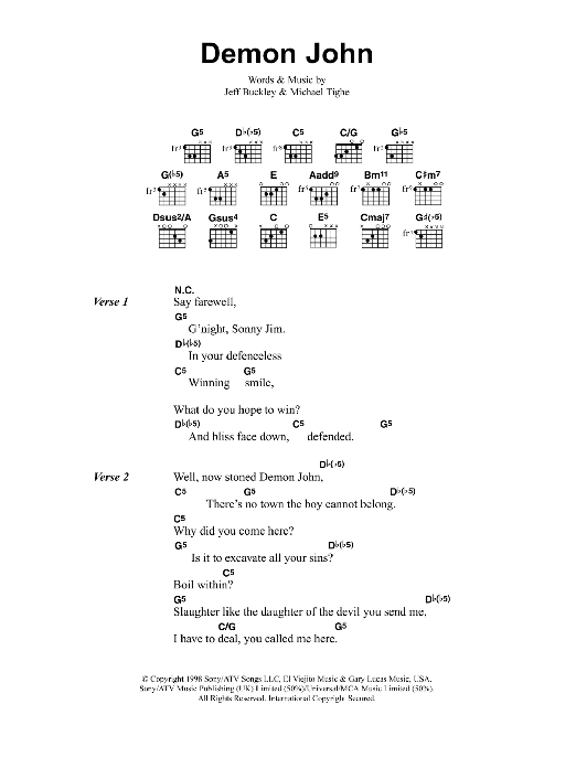 Jeff Buckley Demon John Sheet Music Notes & Chords for Guitar Chords/Lyrics - Download or Print PDF