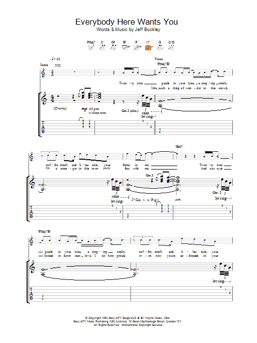 Jeff Buckley Everybody Here Wants You Sheet Music Notes & Chords for Guitar Tab - Download or Print PDF