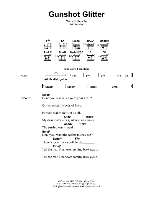 Jeff Buckley Gunshot Glitter Sheet Music Notes & Chords for Guitar Chords/Lyrics - Download or Print PDF