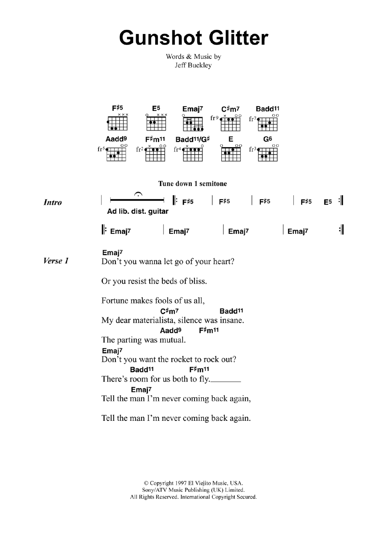 Jeff Buckley Gunshot Glitter Sheet Music Notes & Chords for Lyrics & Chords - Download or Print PDF