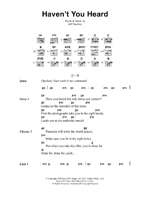 Jeff Buckley Haven't You Heard Sheet Music Notes & Chords for Lyrics & Chords - Download or Print PDF