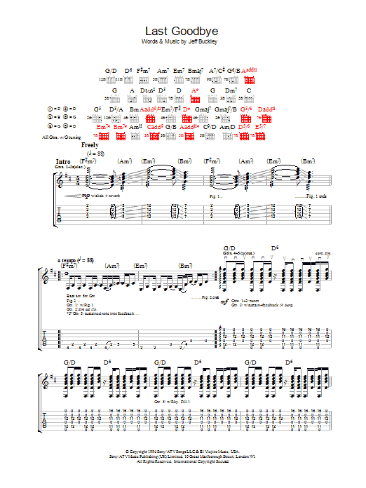 Jeff Buckley Last Goodbye Sheet Music Notes & Chords for Piano, Vocal & Guitar (Right-Hand Melody) - Download or Print PDF