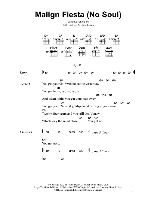 Jeff Buckley Malign Fiesta (No Soul) Sheet Music Notes & Chords for Lyrics & Chords - Download or Print PDF