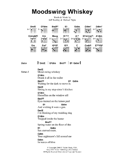 Jeff Buckley Moodswing Whiskey Sheet Music Notes & Chords for Lyrics & Chords - Download or Print PDF