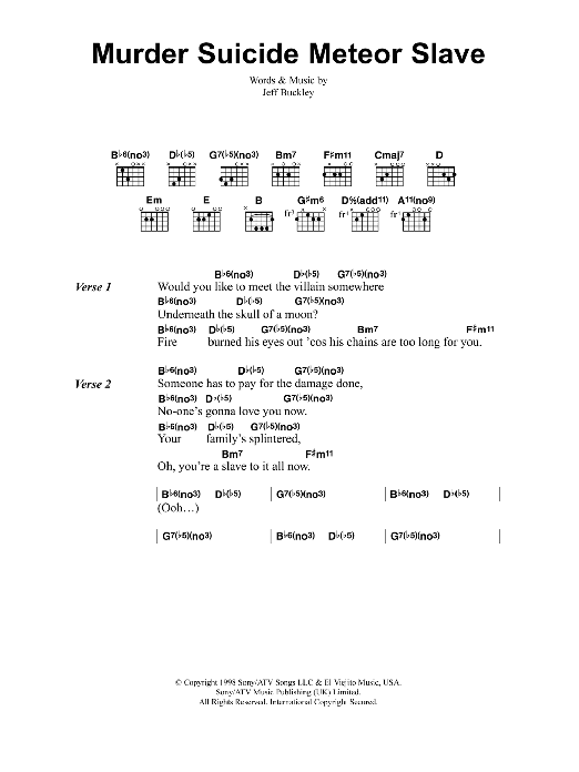 Jeff Buckley Murder Suicide Meteor Slave Sheet Music Notes & Chords for Guitar Chords/Lyrics - Download or Print PDF