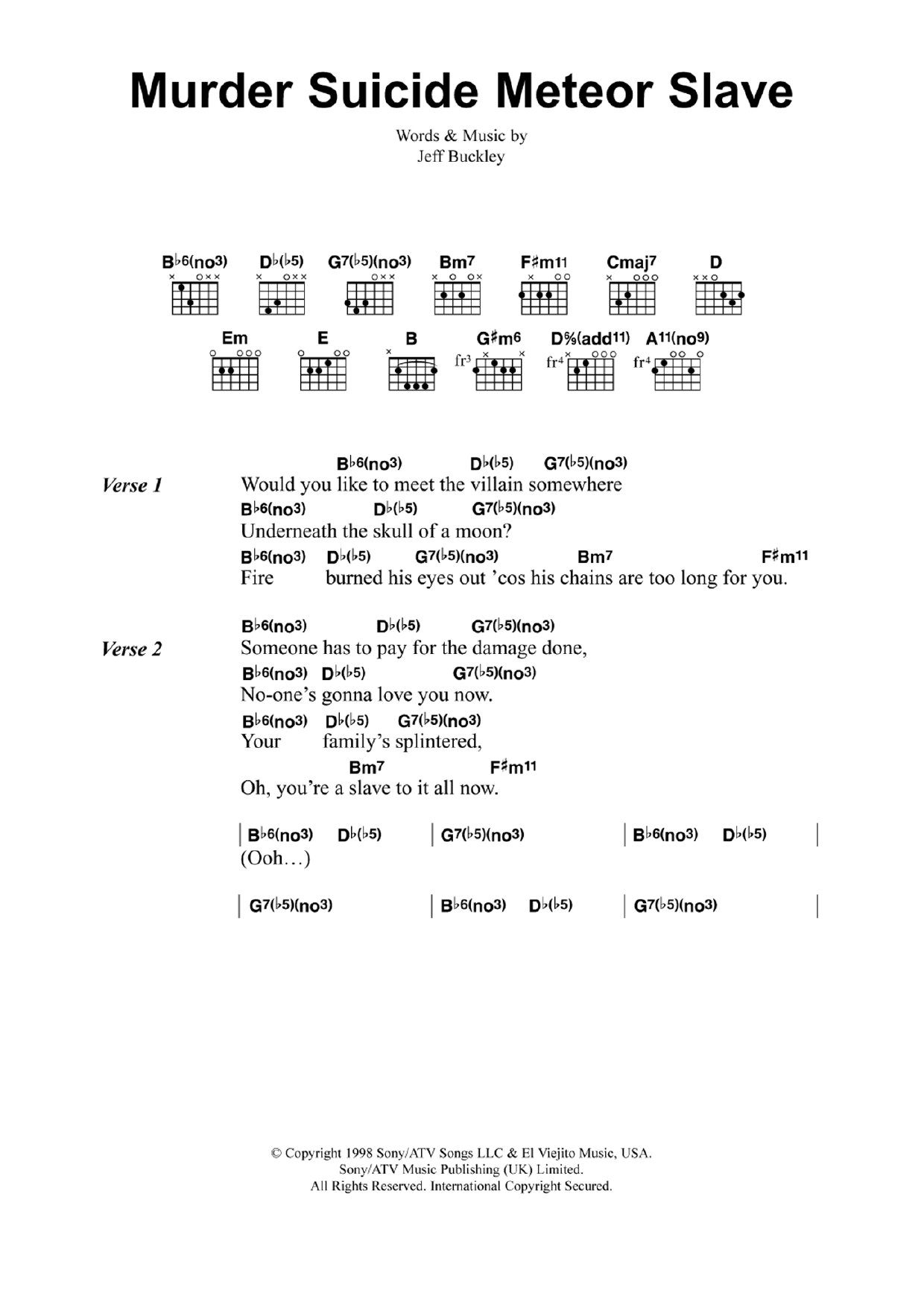 Jeff Buckley Murder Suicide Meteor Slave Sheet Music Notes & Chords for Lyrics & Chords - Download or Print PDF