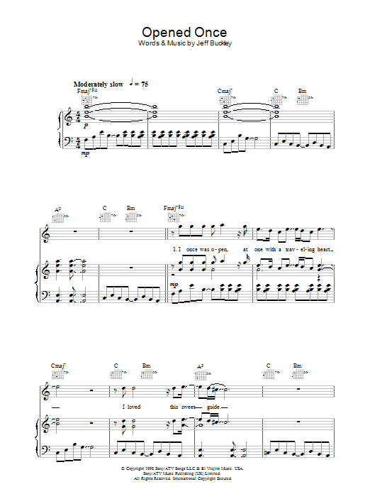 Jeff Buckley Opened Once Sheet Music Notes & Chords for Piano, Vocal & Guitar (Right-Hand Melody) - Download or Print PDF