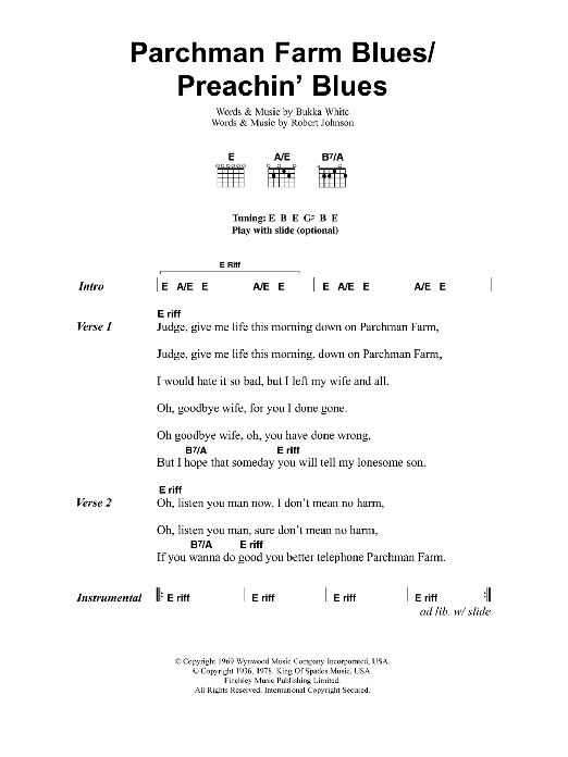 Jeff Buckley Parchman Farm Blues/Preachin' Blues Sheet Music Notes & Chords for Lyrics & Chords - Download or Print PDF