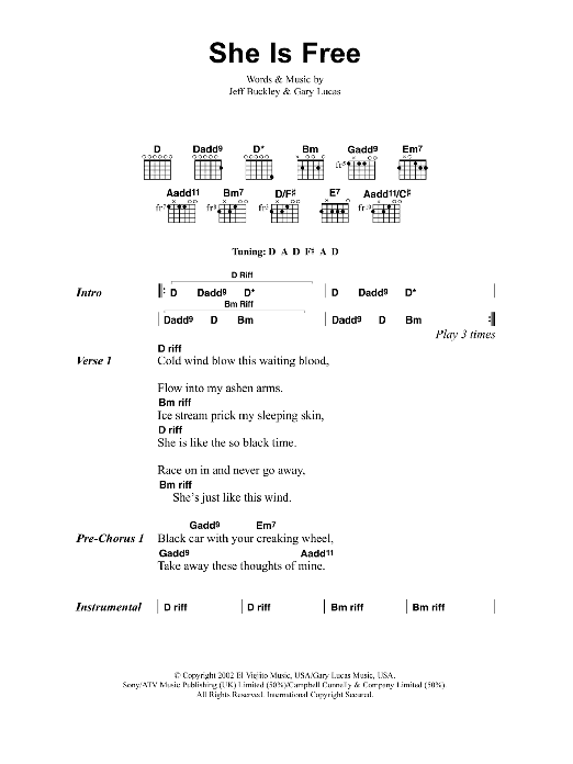 Jeff Buckley She Is Free Sheet Music Notes & Chords for Lyrics & Chords - Download or Print PDF