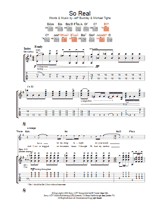 Jeff Buckley So Real Sheet Music Notes & Chords for Lyrics & Chords - Download or Print PDF