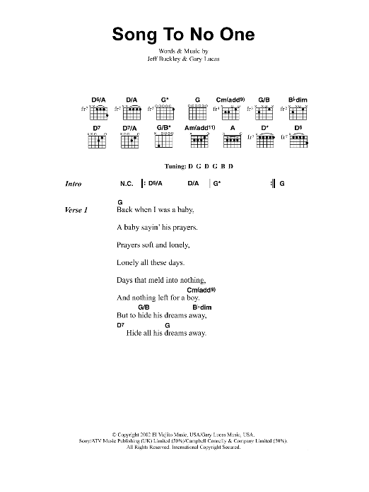 Jeff Buckley Song To No One Sheet Music Notes & Chords for Lyrics & Chords - Download or Print PDF