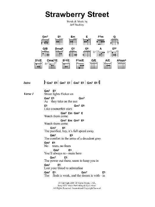 Jeff Buckley Strawberry Street Sheet Music Notes & Chords for Lyrics & Chords - Download or Print PDF