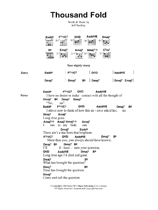 Jeff Buckley Thousand Fold Sheet Music Notes & Chords for Lyrics & Chords - Download or Print PDF