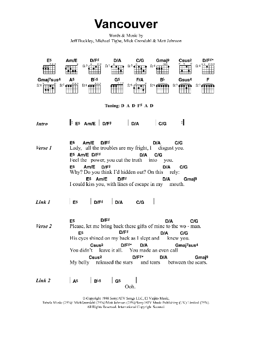 Jeff Buckley Vancouver Sheet Music Notes & Chords for Lyrics & Chords - Download or Print PDF