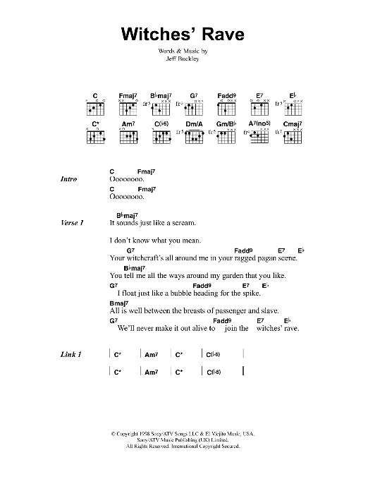 Jeff Buckley Witches' Rave Sheet Music Notes & Chords for Lyrics & Chords - Download or Print PDF