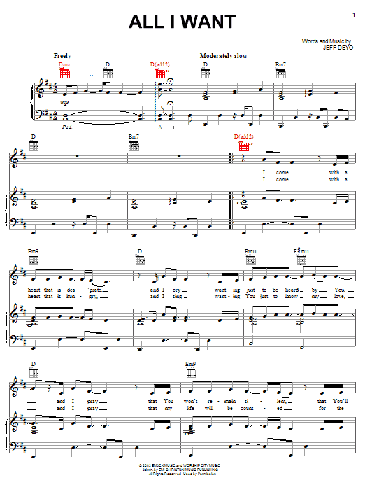 Jeff Deyo All I Want Sheet Music Notes & Chords for Piano, Vocal & Guitar (Right-Hand Melody) - Download or Print PDF