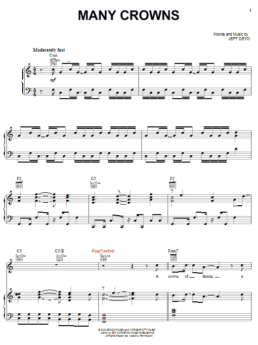 Jeff Deyo Many Crowns Sheet Music Notes & Chords for Piano, Vocal & Guitar (Right-Hand Melody) - Download or Print PDF Jeff Deyo Many Crowns Sheet Music Notes & Chords for Piano, Vocal & Guitar (Right-Hand Melody) - Download or Print PDF