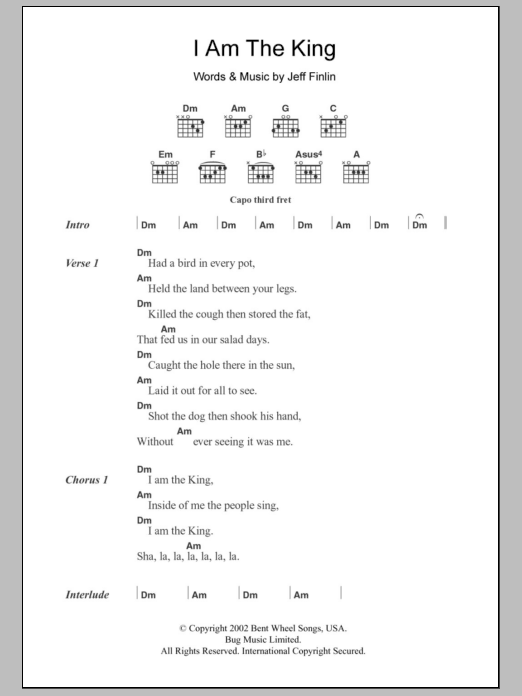 Jeff Finlin I Am The King Sheet Music Notes & Chords for Lyrics & Chords - Download or Print PDF