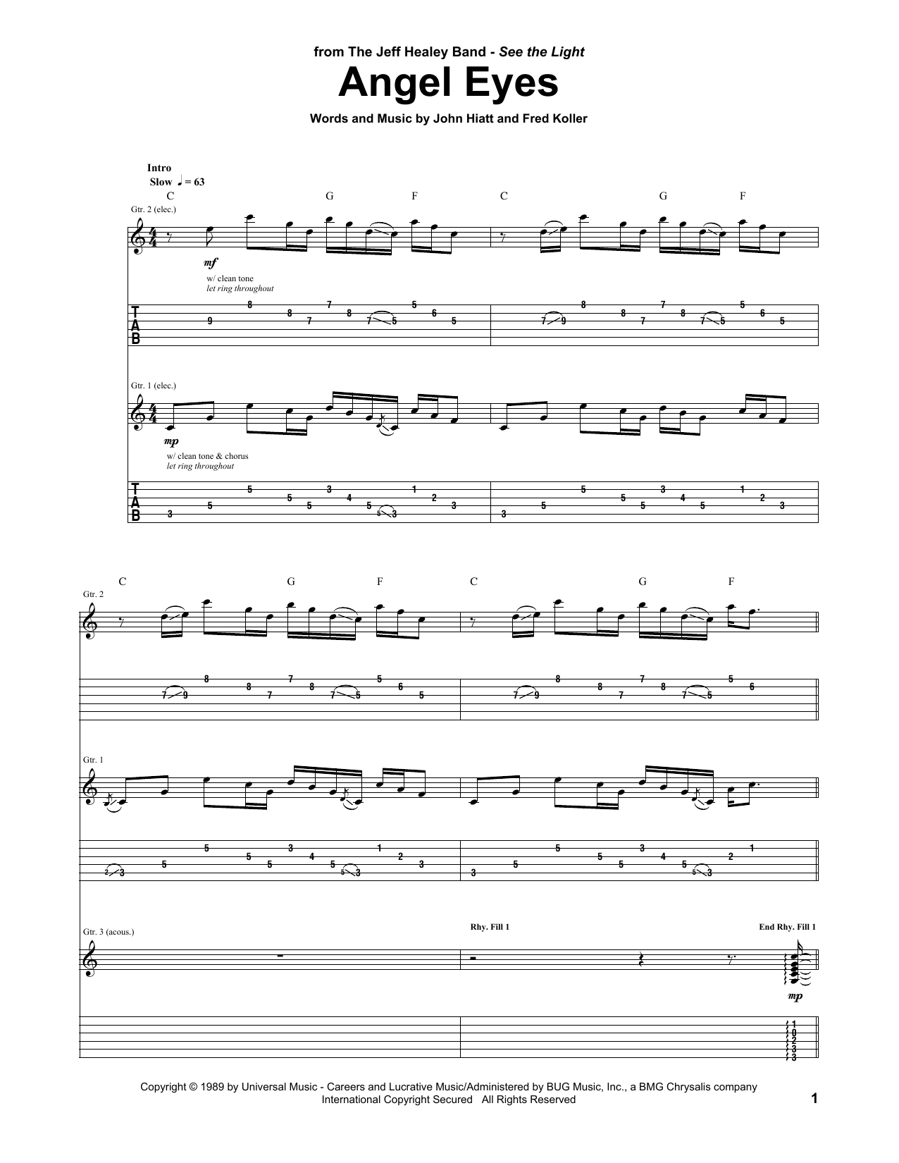 Jeff Healey Band Angel Eyes Sheet Music Notes & Chords for Guitar Tab - Download or Print PDF