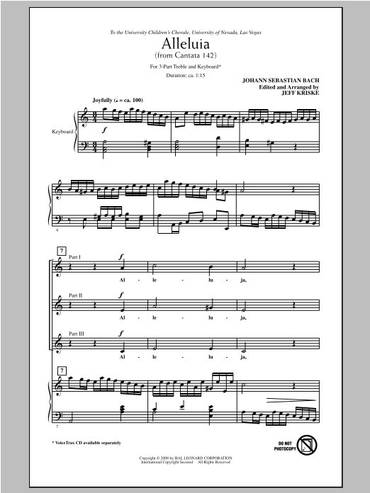 Jeff Kriske Alleluia From Cantata 142 Sheet Music Notes & Chords for 3-Part Treble - Download or Print PDF