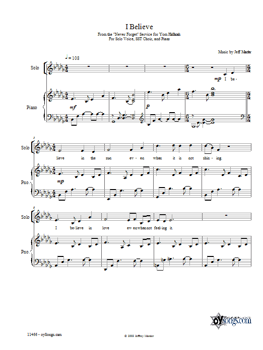 Jeff Marder I Believe Sheet Music Notes & Chords for Piano, Vocal & Guitar (Right-Hand Melody) - Download or Print PDF