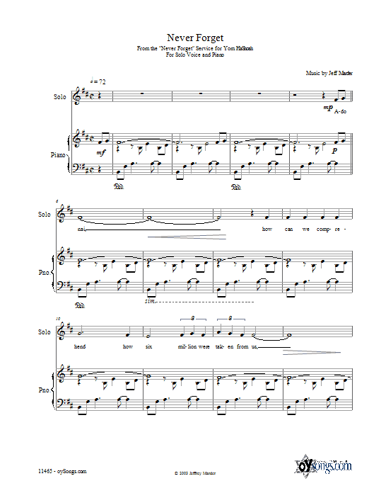 Jeff Marder Never Forget Sheet Music Notes & Chords for Piano, Vocal & Guitar (Right-Hand Melody) - Download or Print PDF