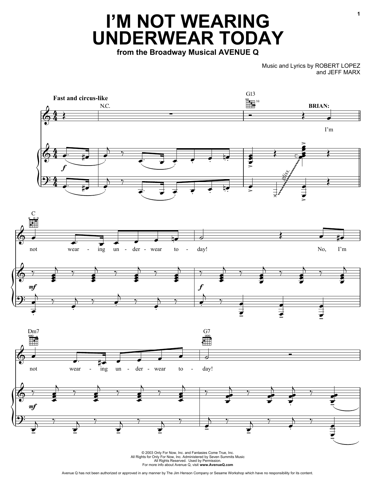 Jeff Marx and Robert Lopez I'm Not Wearing Underwear Today (from Avenue Q) Sheet Music Notes & Chords for Vocal Pro + Piano/Guitar - Download or Print PDF