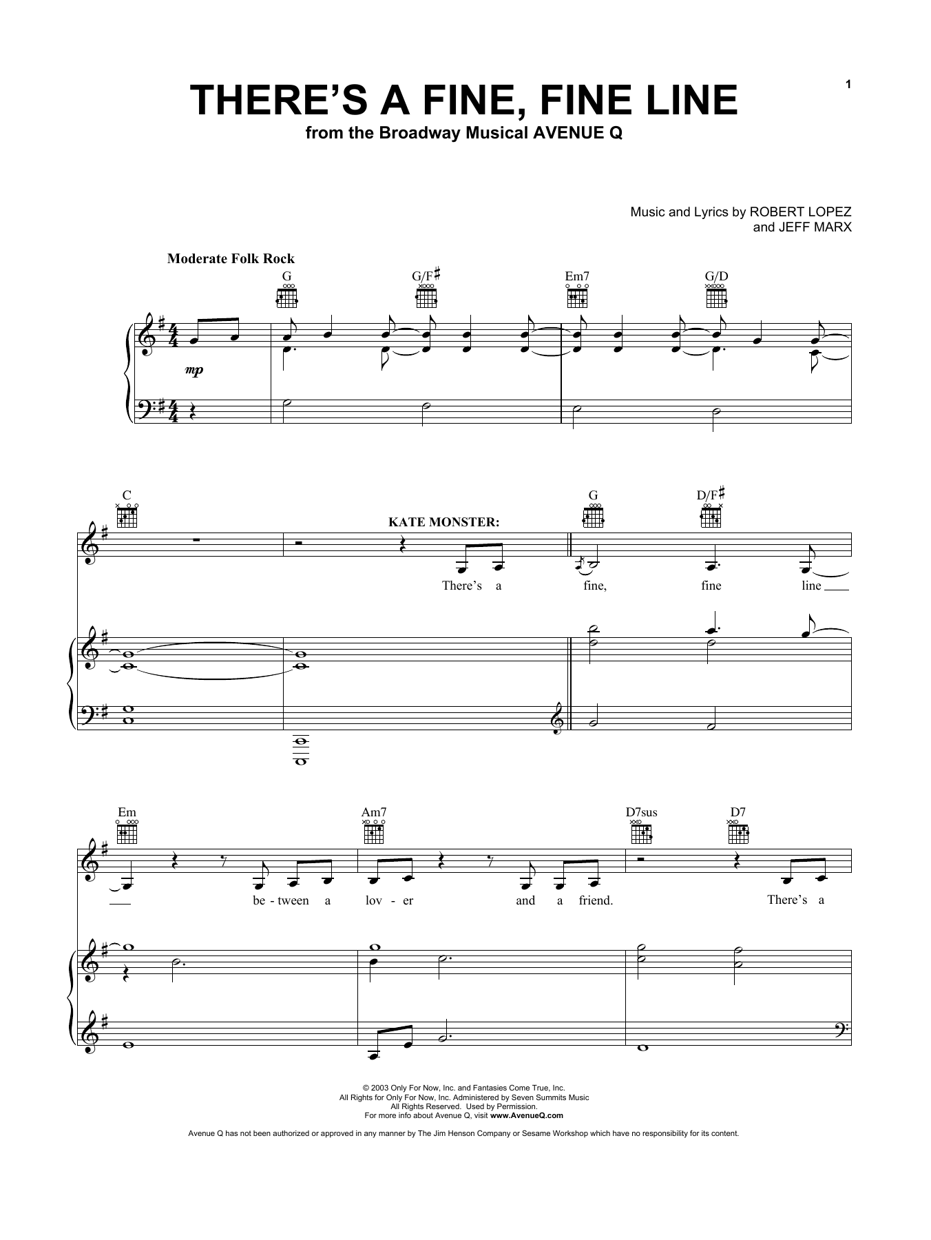 Jeff Marx and Robert Lopez There's A Fine, Fine Line (from Avenue Q) Sheet Music Notes & Chords for Vocal Pro + Piano/Guitar - Download or Print PDF