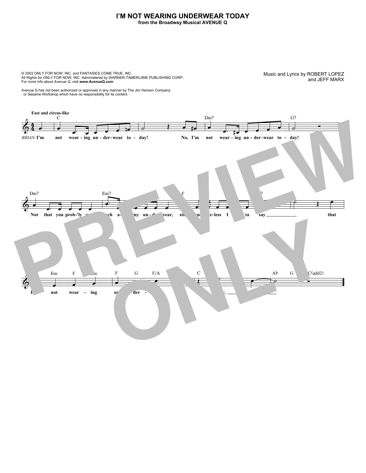 Jeff Marx I'm Not Wearing Underwear Today Sheet Music Notes & Chords for Melody Line, Lyrics & Chords - Download or Print PDF