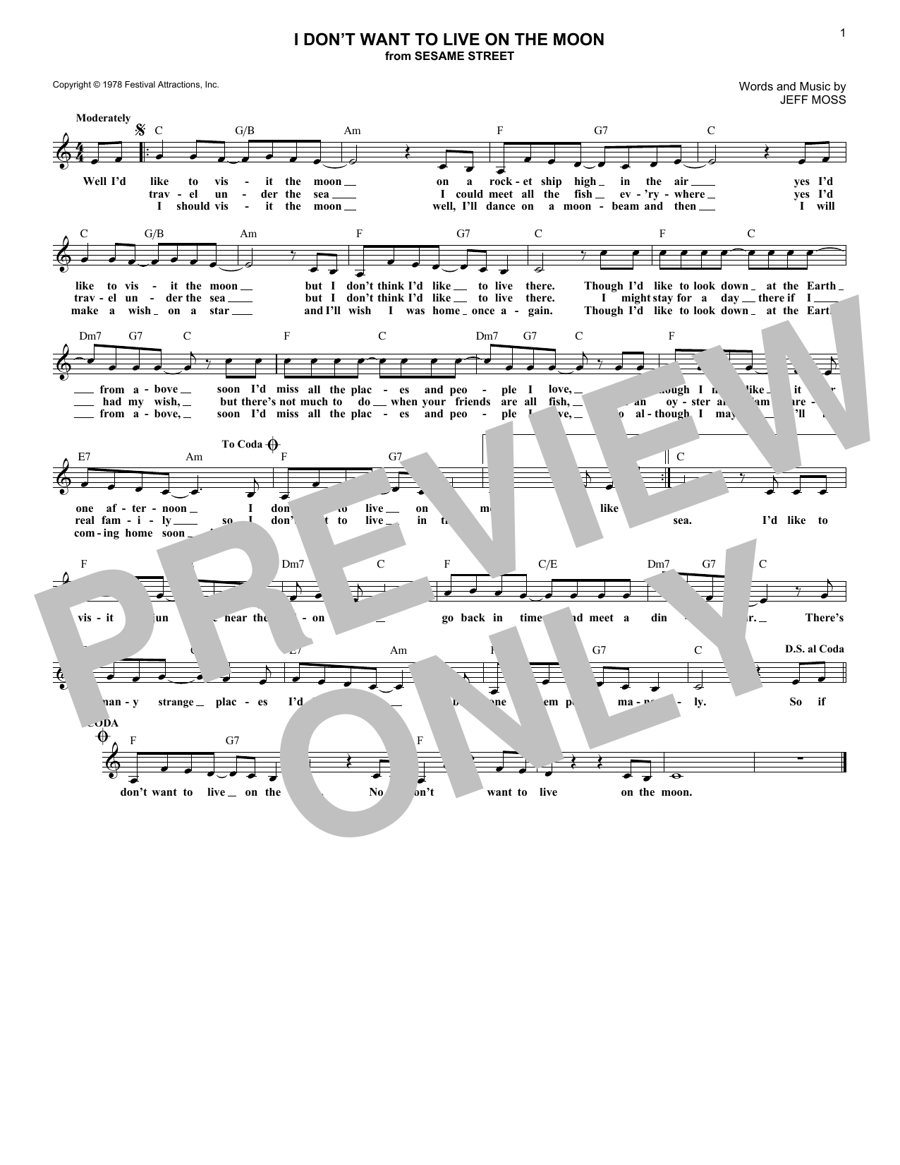 Jeff Moss I Don't Want To Live On The Moon (from Sesame Street) Sheet Music Notes & Chords for Piano, Vocal & Guitar Chords (Right-Hand Melody) - Download or Print PDF