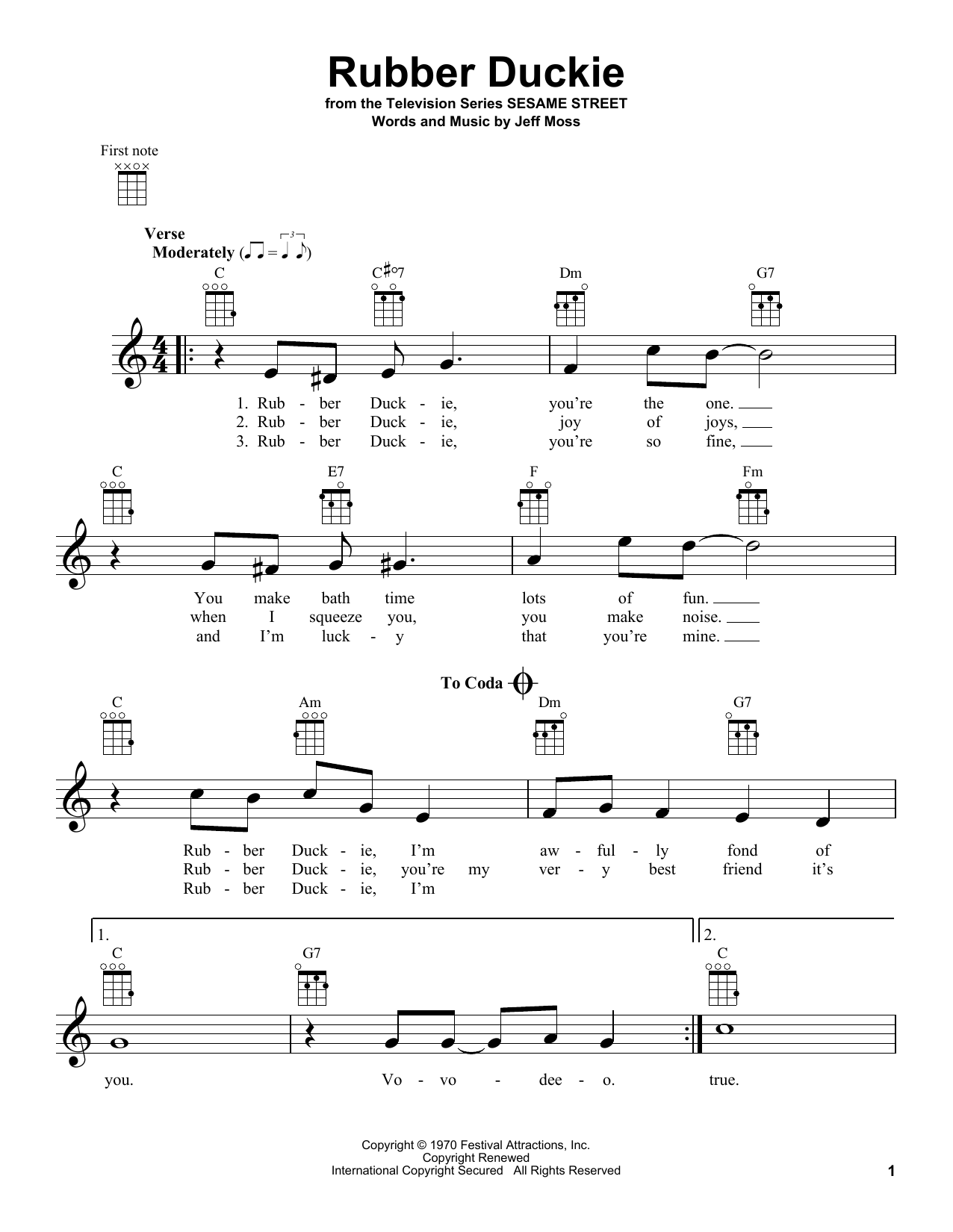 Jeff Moss Rubber Duckie (from Sesame Street) Sheet Music Notes & Chords for Ukulele - Download or Print PDF