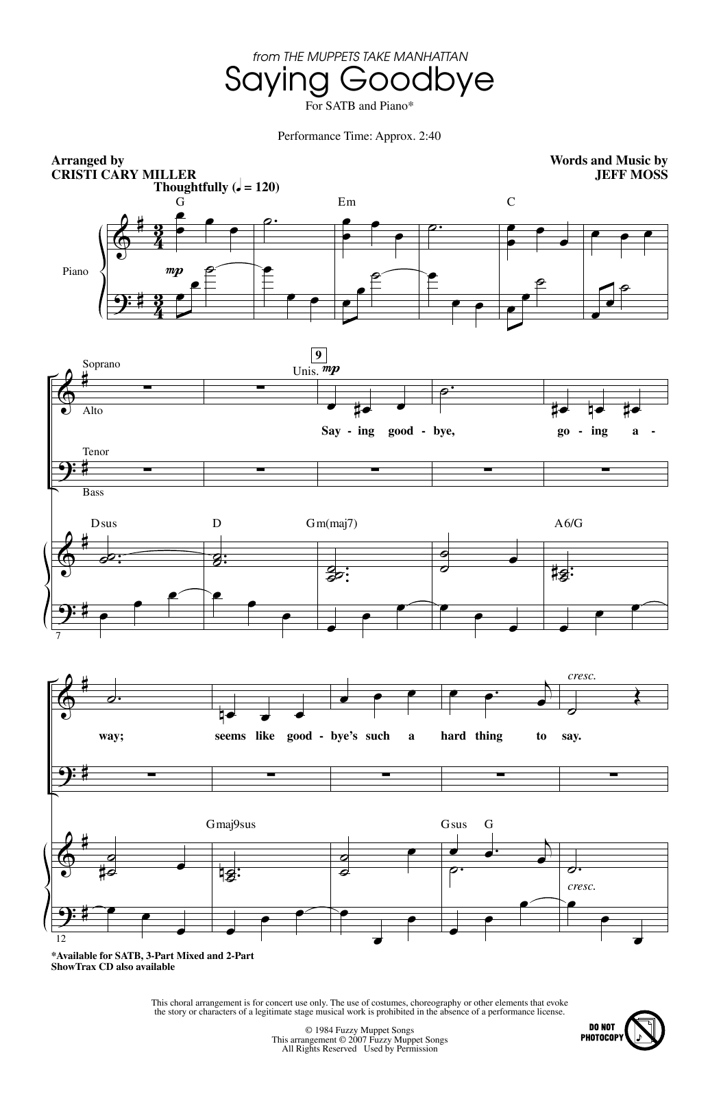 Jeff Moss Saying Goodbye (from The Muppets Take Manhattan) (arr. Cristi Cary Miller) Sheet Music Notes & Chords for SATB Choir - Download or Print PDF